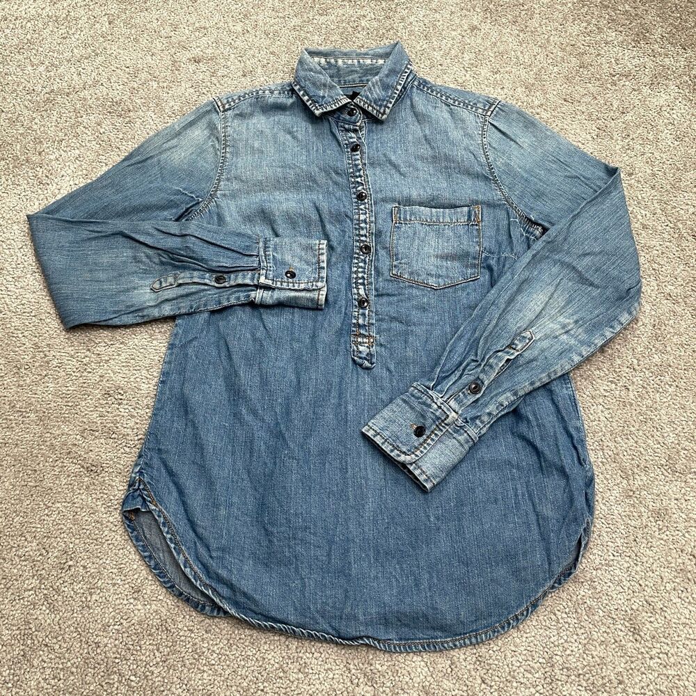 J.Crew Classic Chambray Half Button Up Popover Shirt Women 00 Blue Cotton Casual